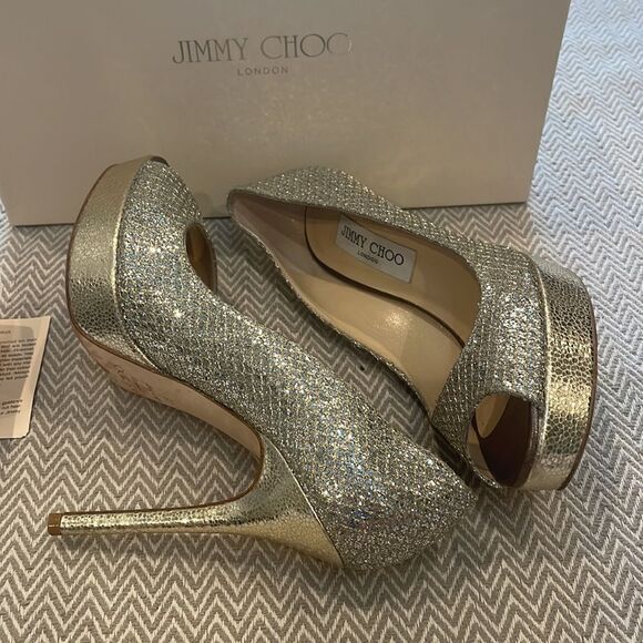 Jimmy Choo Authentic Glitter Fabric Champagne Stiletto Peep Toe Platform… - Picture 4 of 13